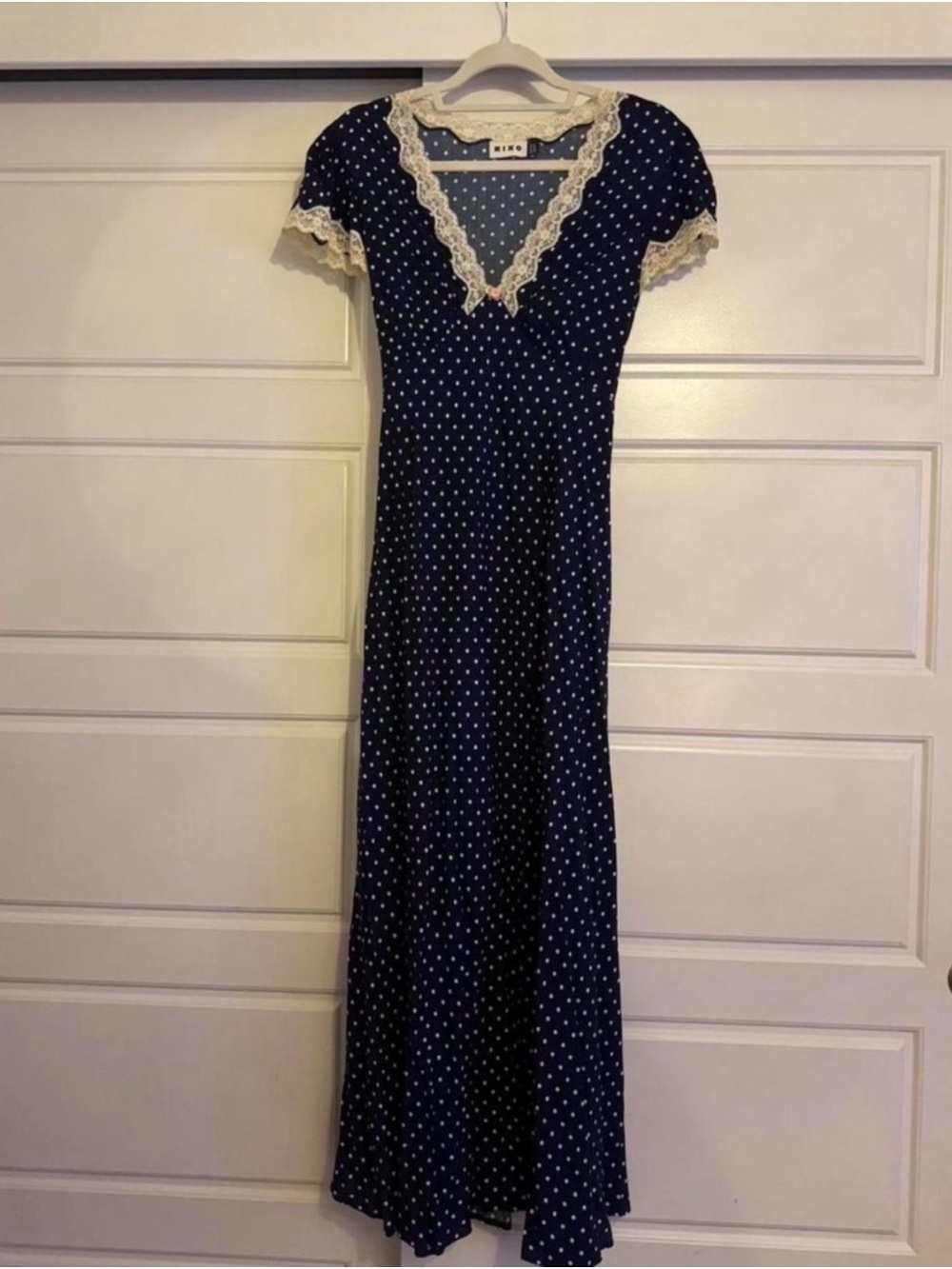 RIXO Navy Polka Dot Maxi Dress with Cream Lace Trim